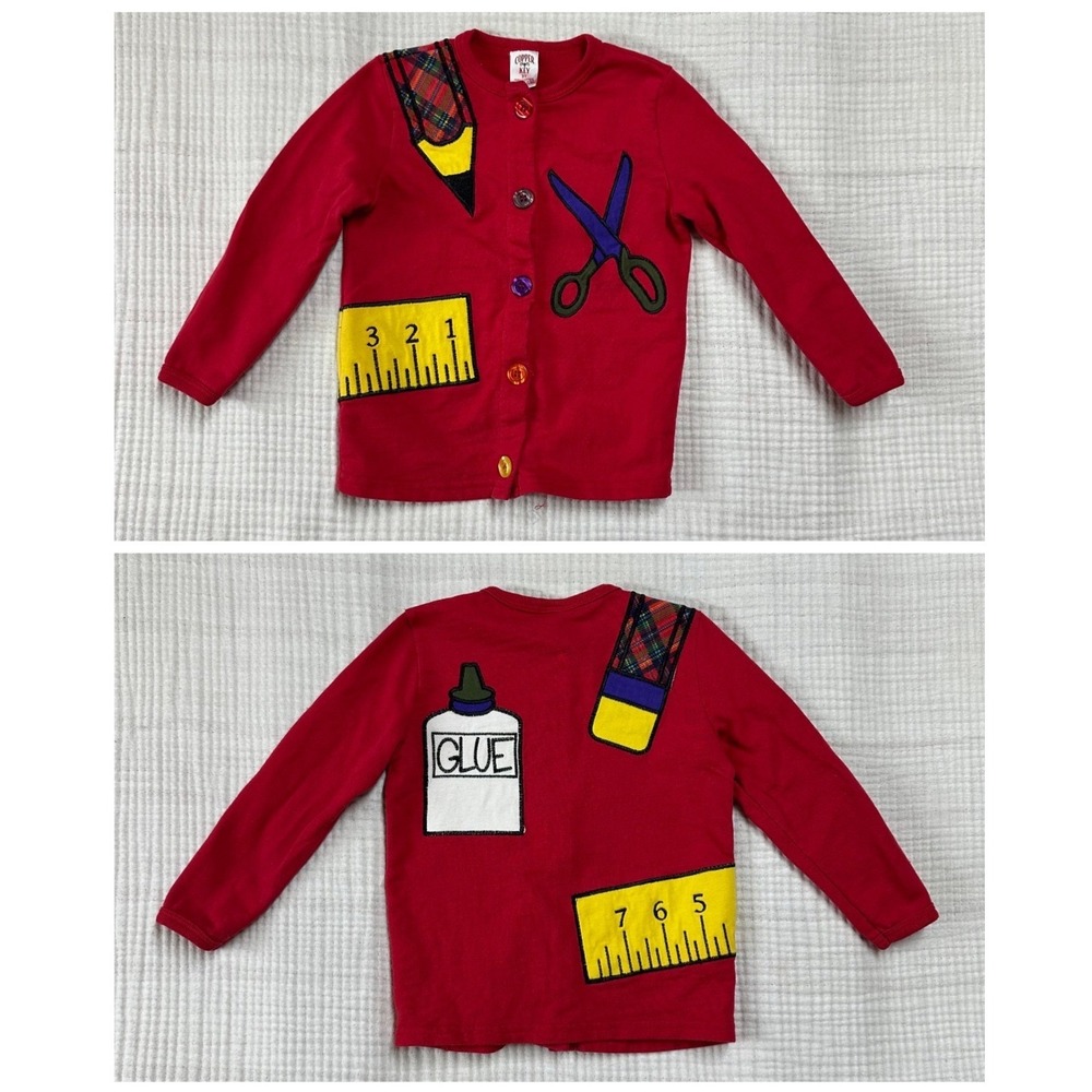VTG 90s Copper Key Red School Supplies Cardigan embroidered Toddler 3T USA Made